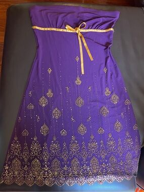 Strapless Purple Dress with Gold Trim and Embellishment